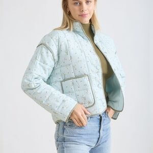 Quilted Floral Button Down Puffer Jacket Sage Blue Cottagecore